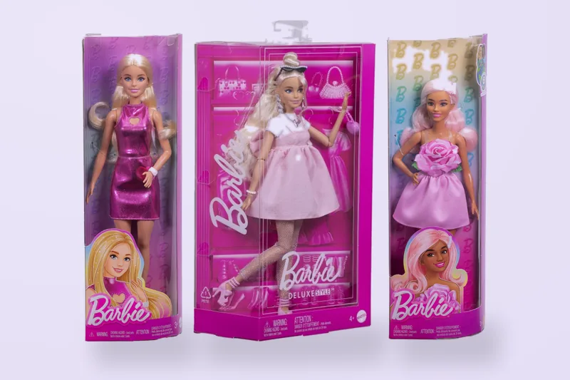 Drie Barbie-poppen in hun doos