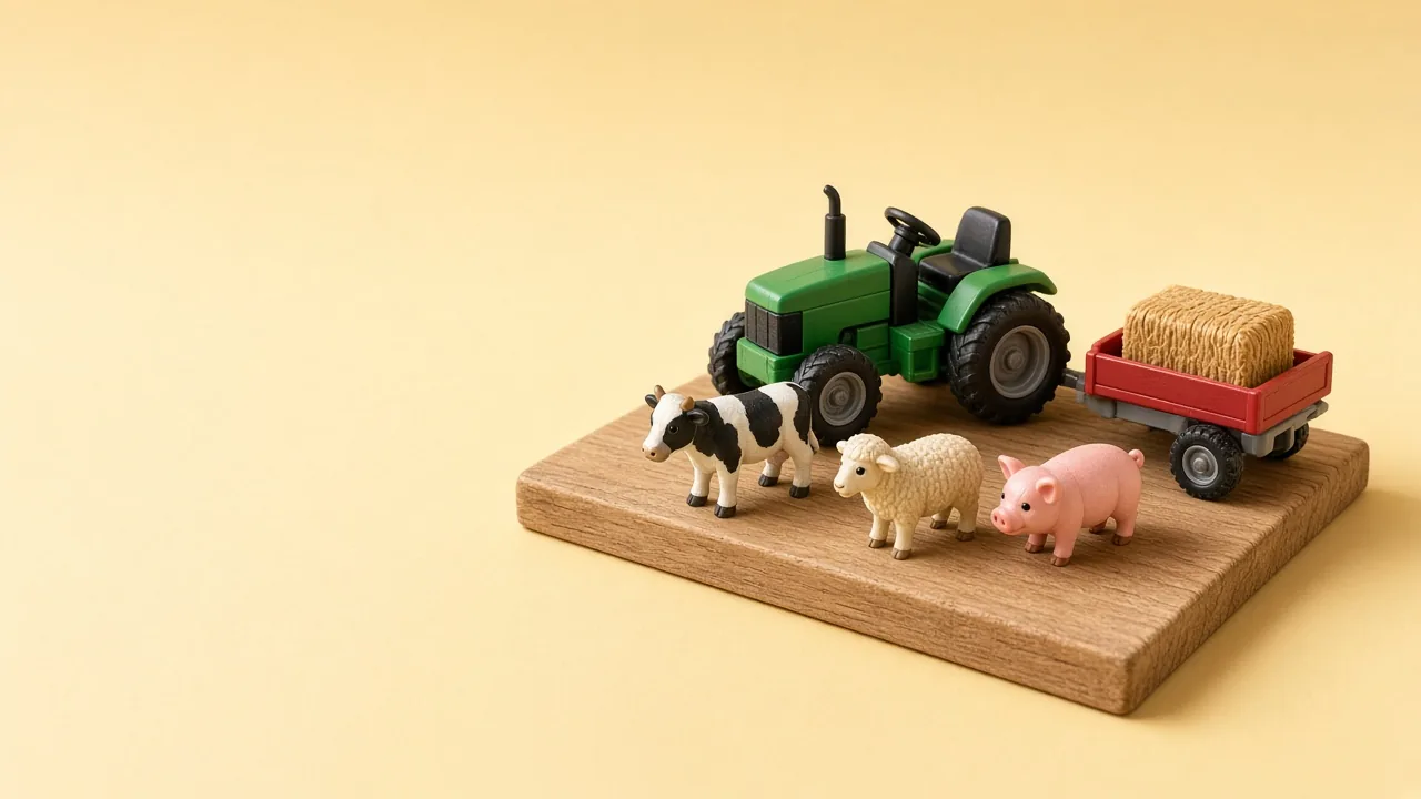 Speelgoedtrekker met aanhanger en boerderijdieren op een houten plank