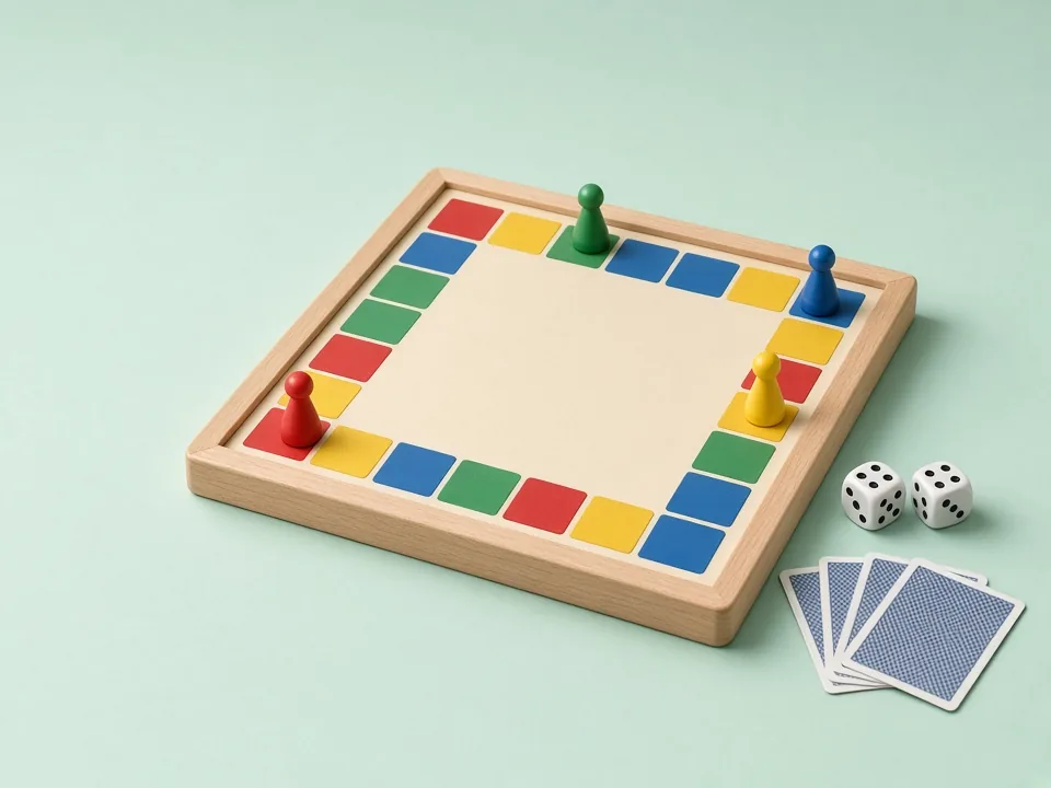 Familiespel op tafel met pionnen, dobbelstenen en speelkaarten