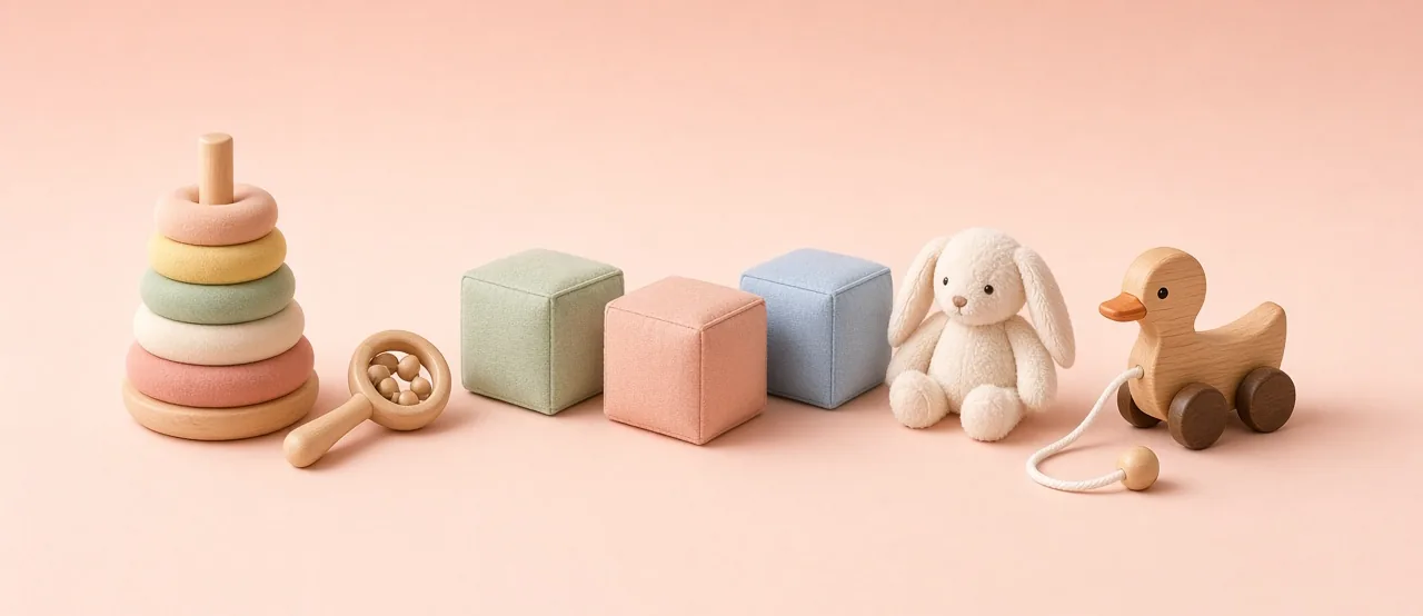 Stapeltoren, rammelaar, zachte blokken, knuffel en trekeend