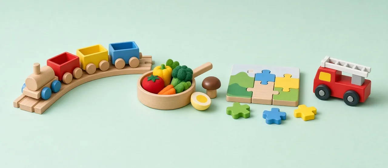 Houten trein, speelpannetje, puzzel en brandweerauto