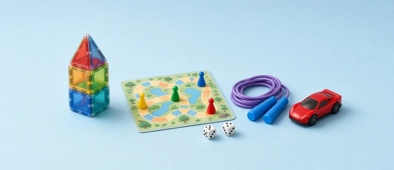 Magneetbouwtegels, bordspel, springtouw en raceauto