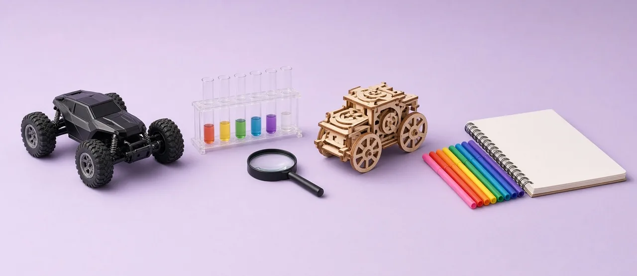 RC-auto, proefjesset, 3D-houtpuzzel en stiften